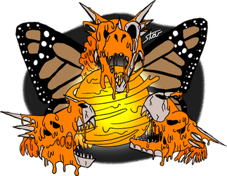 Three skeletal dragon heads covered in drippy orange paint surrounding a glowing orange ball of paint, with monarch butterfly wings behind them